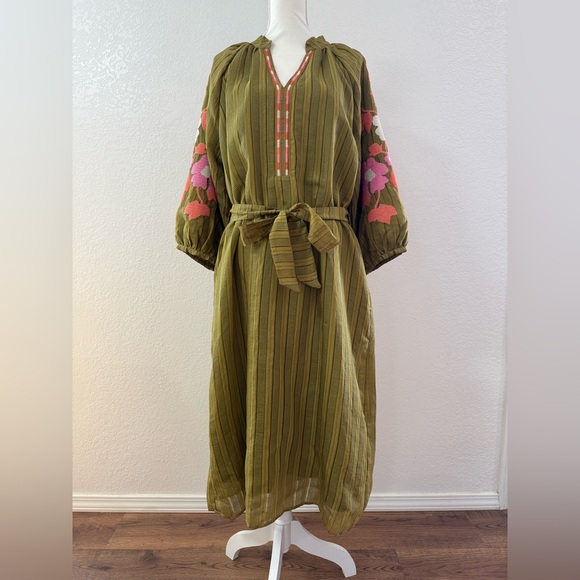 THML Olive Green Embroidered Striped Floral Maxi Dress L Ballon Sleeve. - Picture 2 of 15